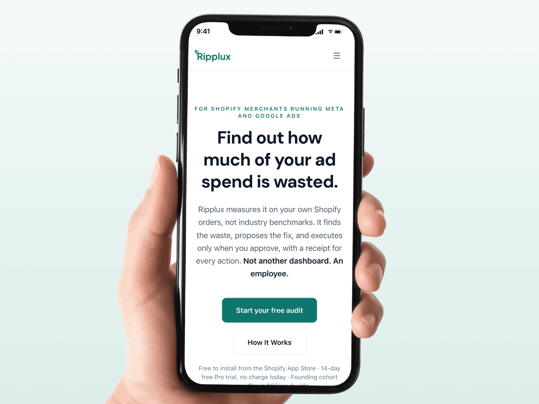 A hand holding a phone open on the Ripplux landing page: Find out how much of your ad spend is wasted, with Start your free audit below
